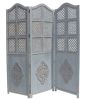 Three Panel Wooden Room Divider with Traditional Carvings and Cutouts; Blue