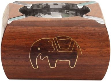 Wooden Ashtray with Brass Inlay Elephant Motifs - Vintage Look Square 4.5 Inch