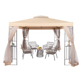 10' x 10' Steel Outdoor Patio /Gazebo /Garden Canopy with Removable Mesh Curtains,Double Tier Roof , & Steel Frame, Beige Top Cloth