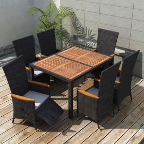 7 Piece Patio Dining Set Poly Rattan Acacia Wood Black