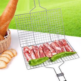 Iron Wire Barbecue Grilling Basket BBQ Net Wooden Handle Meat Fish Clip Holder