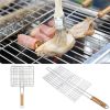 Iron Wire Barbecue Grilling Basket BBQ Net Wooden Handle Meat Fish Clip Holder