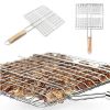 Iron Wire Barbecue Grilling Basket BBQ Net Wooden Handle Meat Fish Clip Holder