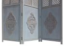 Three Panel Wooden Room Divider with Traditional Carvings and Cutouts; Blue