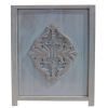 Three Panel Wooden Room Divider with Traditional Carvings and Cutouts; Blue